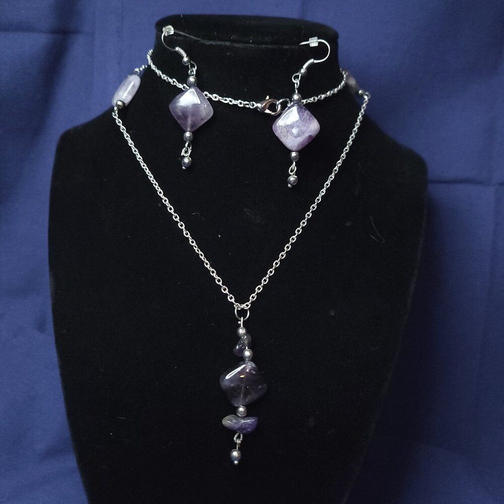 Purple Amythest silver tone Necklace and Earrings